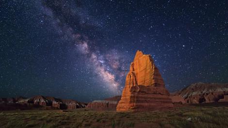Night skies of the Temple of the Moon rock formation in Capitol Reef National Park, Utah