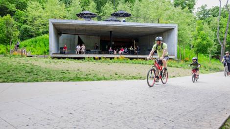 Enjoying craft coffee while overlooking scenic cycling trails at Airship Coffee at Coler Mountain Bike Preserve