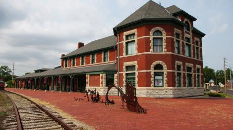 The striking red brick exterior of the restored Katy Depot, originally built in 1896