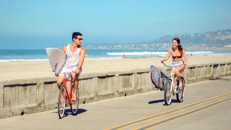 Biking the Mission Beach Boardwalk is the perfect way to take in the sights, sounds and energy of the beach. 