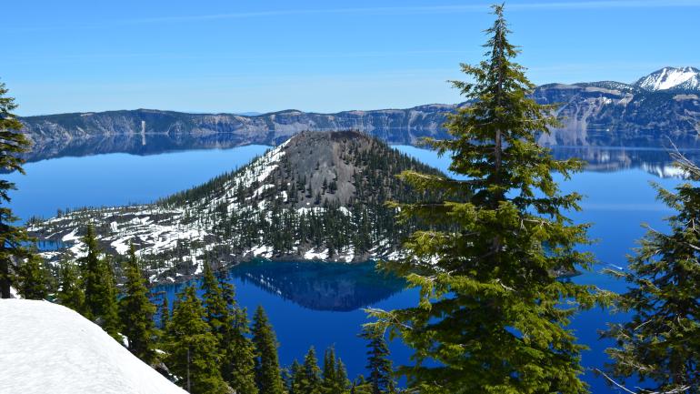 The Pacific Crest Trail traverses Oregon’s Crater Lake National Park, with a side trail leading to spectacular views like this.