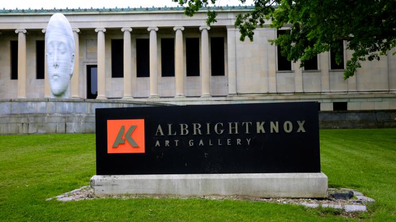 Exterior view and sculpture at the Albright Knox Art Gallery