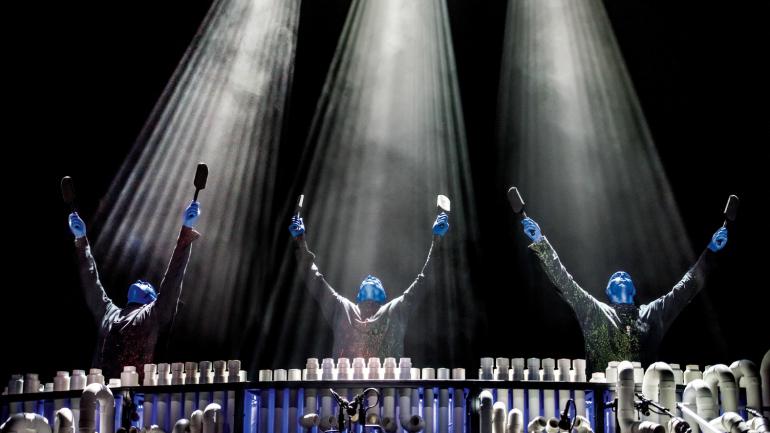 The “Blue Men” mid-performance in Chicago
