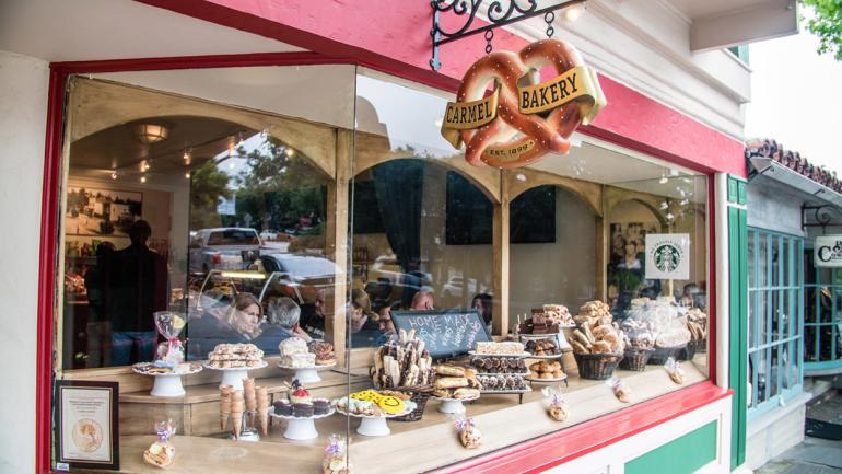 Delicious pastries on display to tempt passersby at Carmel Bakery 