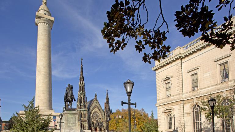 The Washington Monument, a landmark in the Mount Vernon neighborhood
