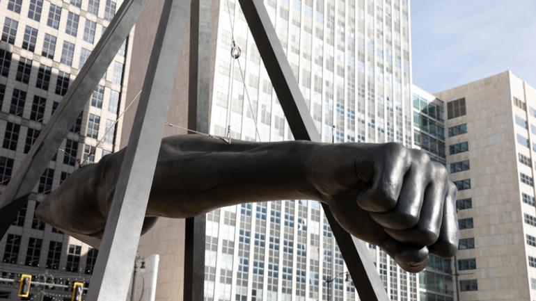The famous Monument to Joe Louis sculpture, a Detroit landmark