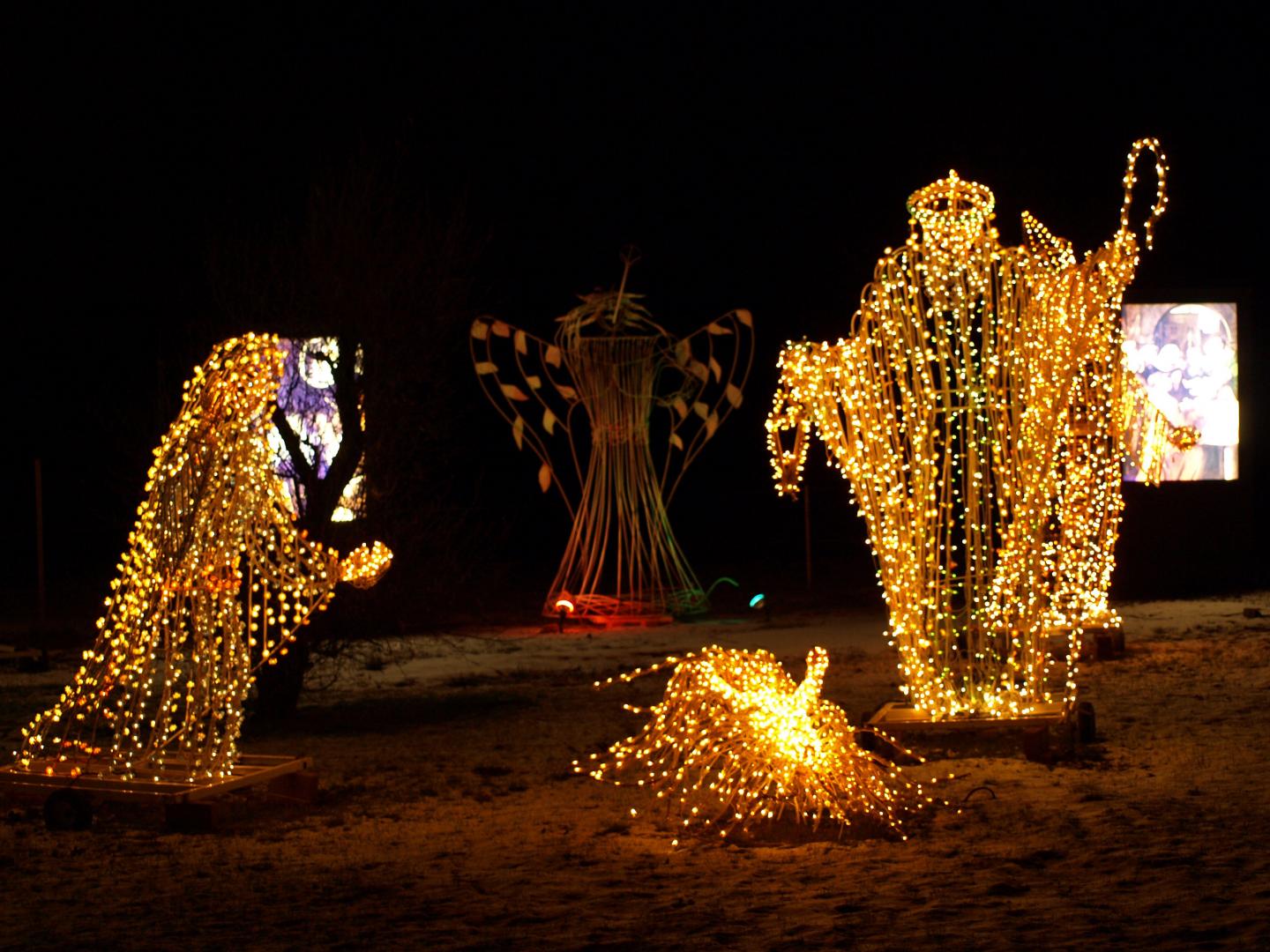 Festive decorations glowing at the Fatima Shrine Festival of Lights