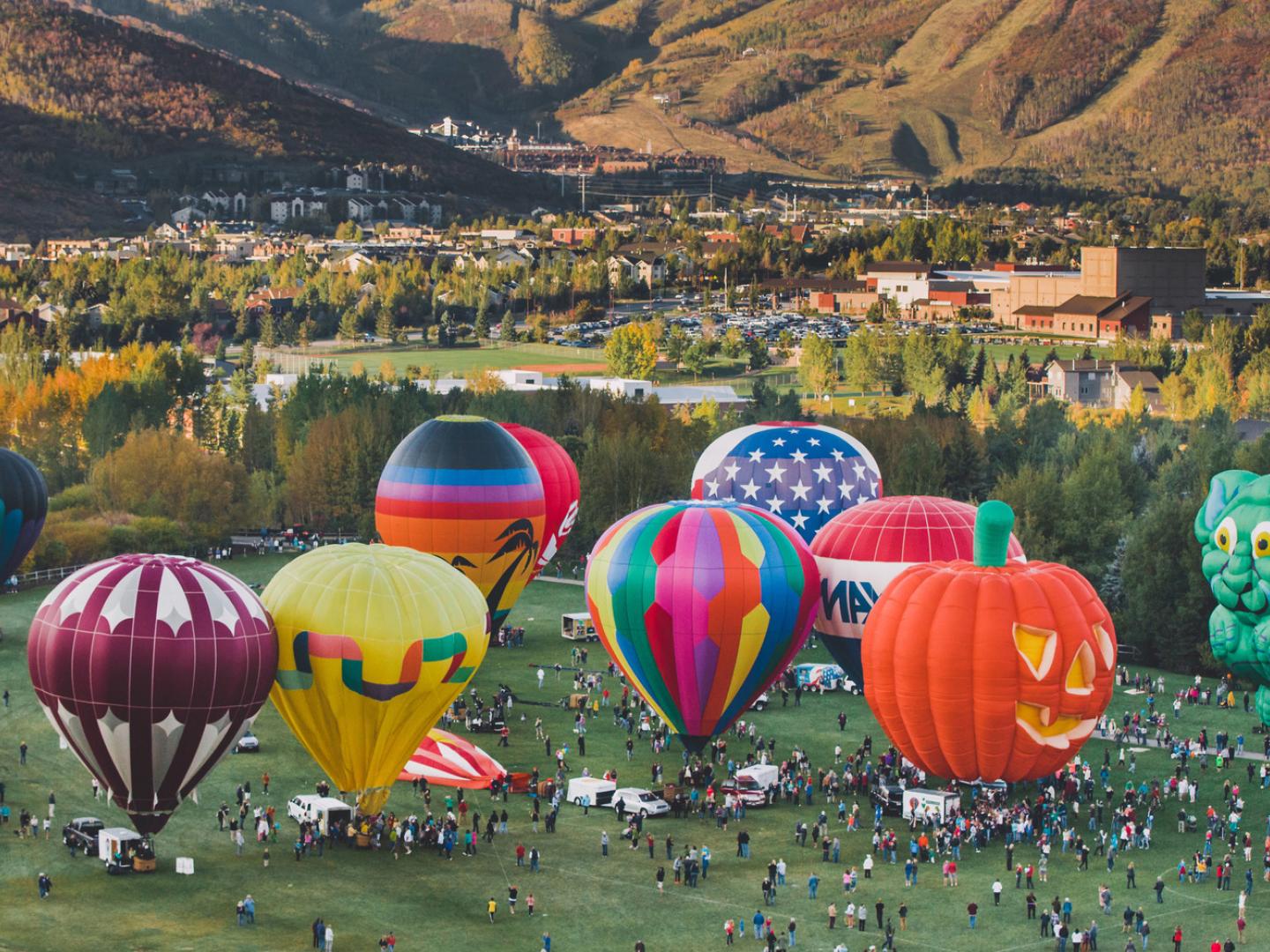 Colorful hot-air balloons ready to lift off during Autumn Aloft in Park City 