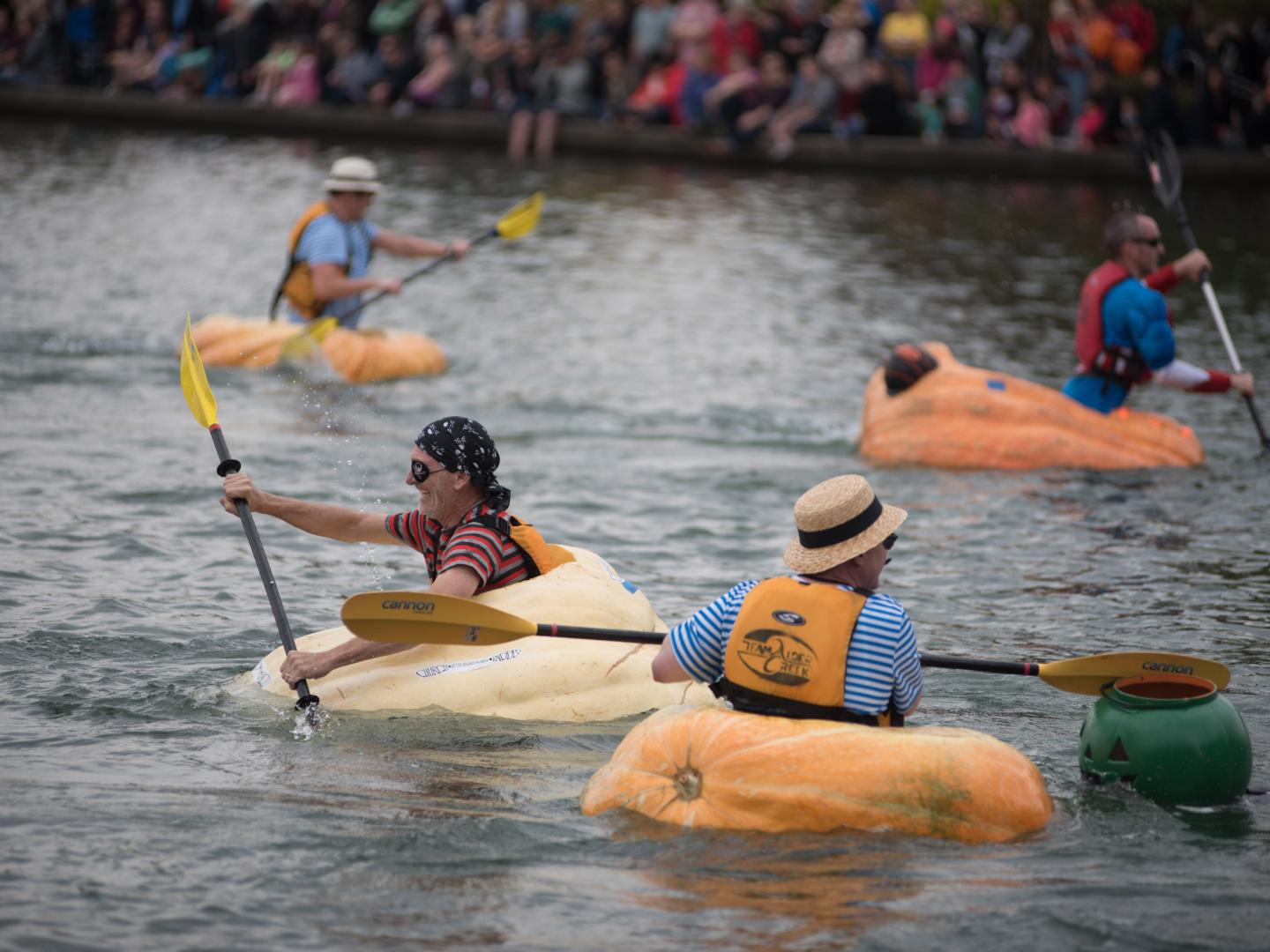 Participants padding in pumpkins during the West Coast Giant Pumpkin Regatta in Tualatin, Oregon