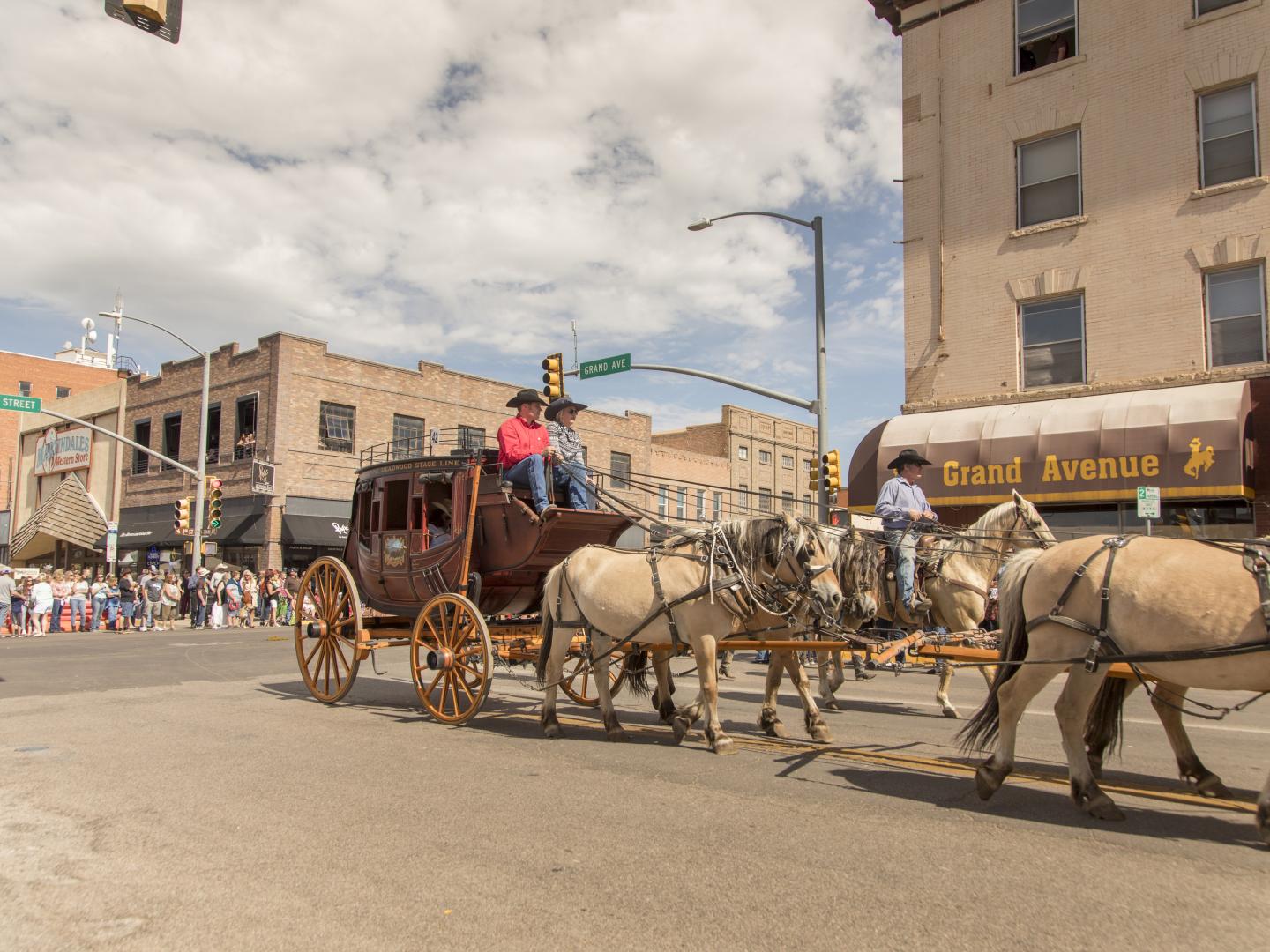 Parade through downtown Laramie, Wyoming, during the Wyoming Statehood Day celebration
