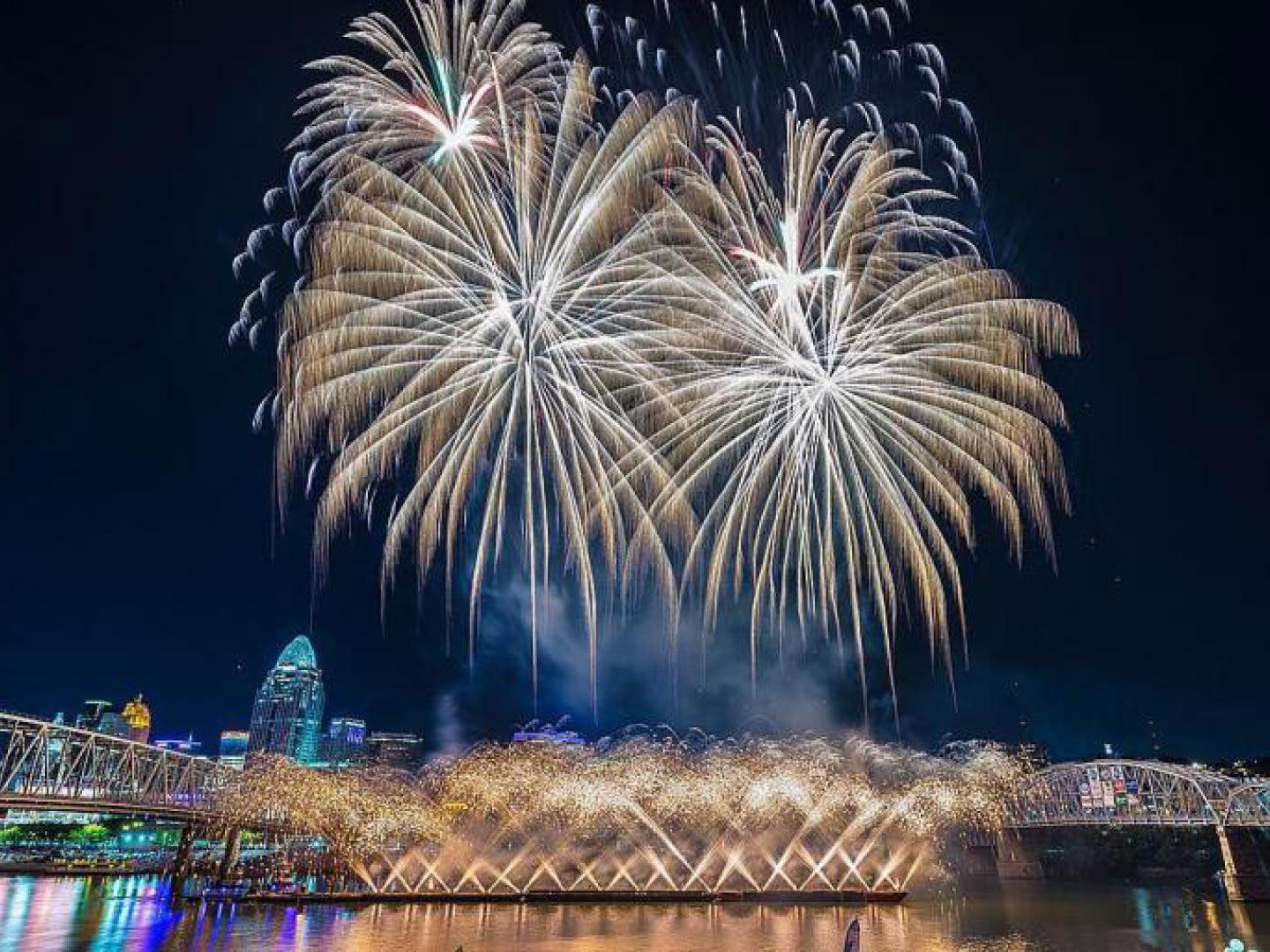 Firework display lights up the night sky with bursts of color in Cincinnati, Ohio