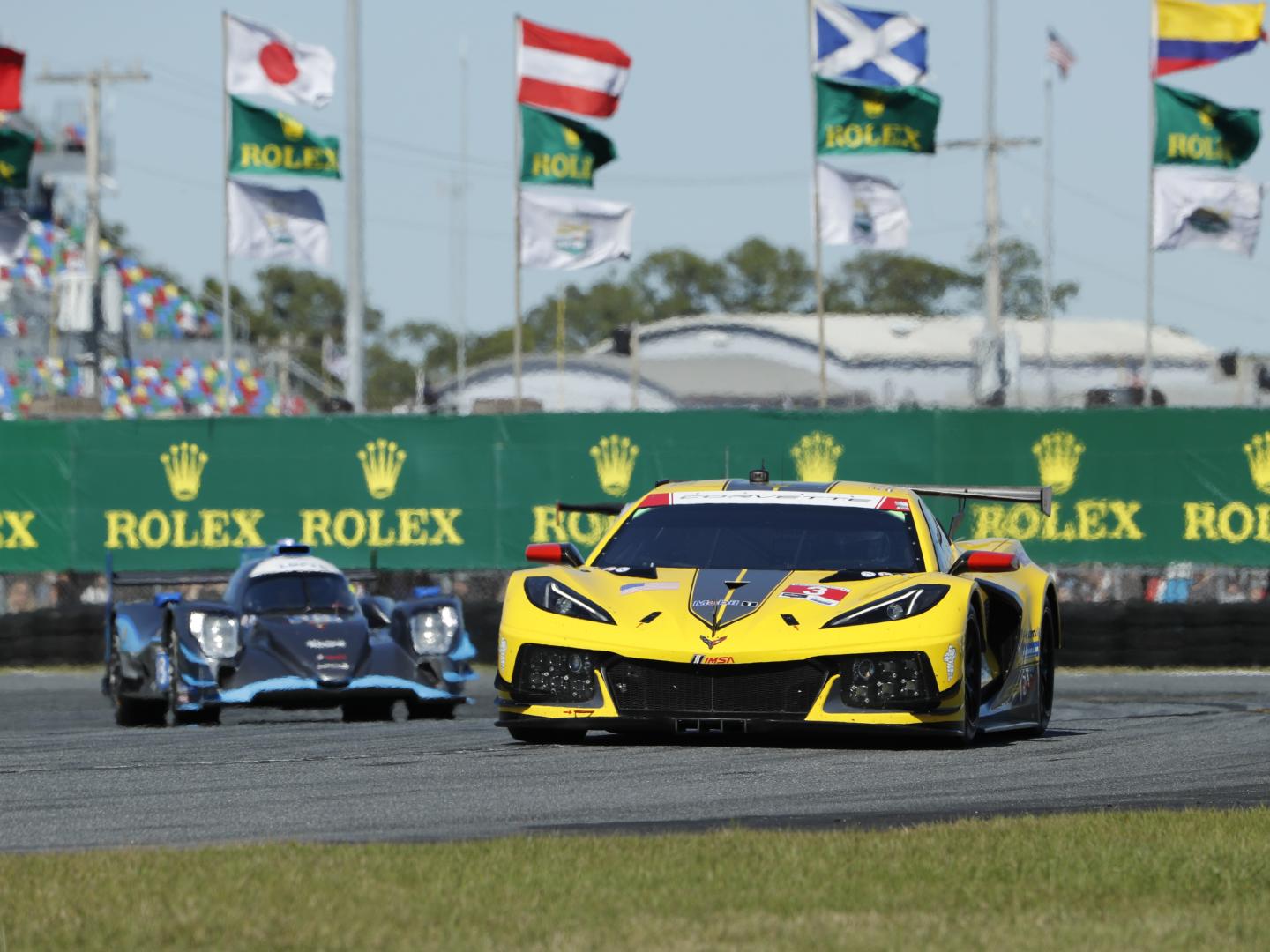 Cars competing in the Rolex 24 at the Daytona International Speedway in Daytona Beach, Florida