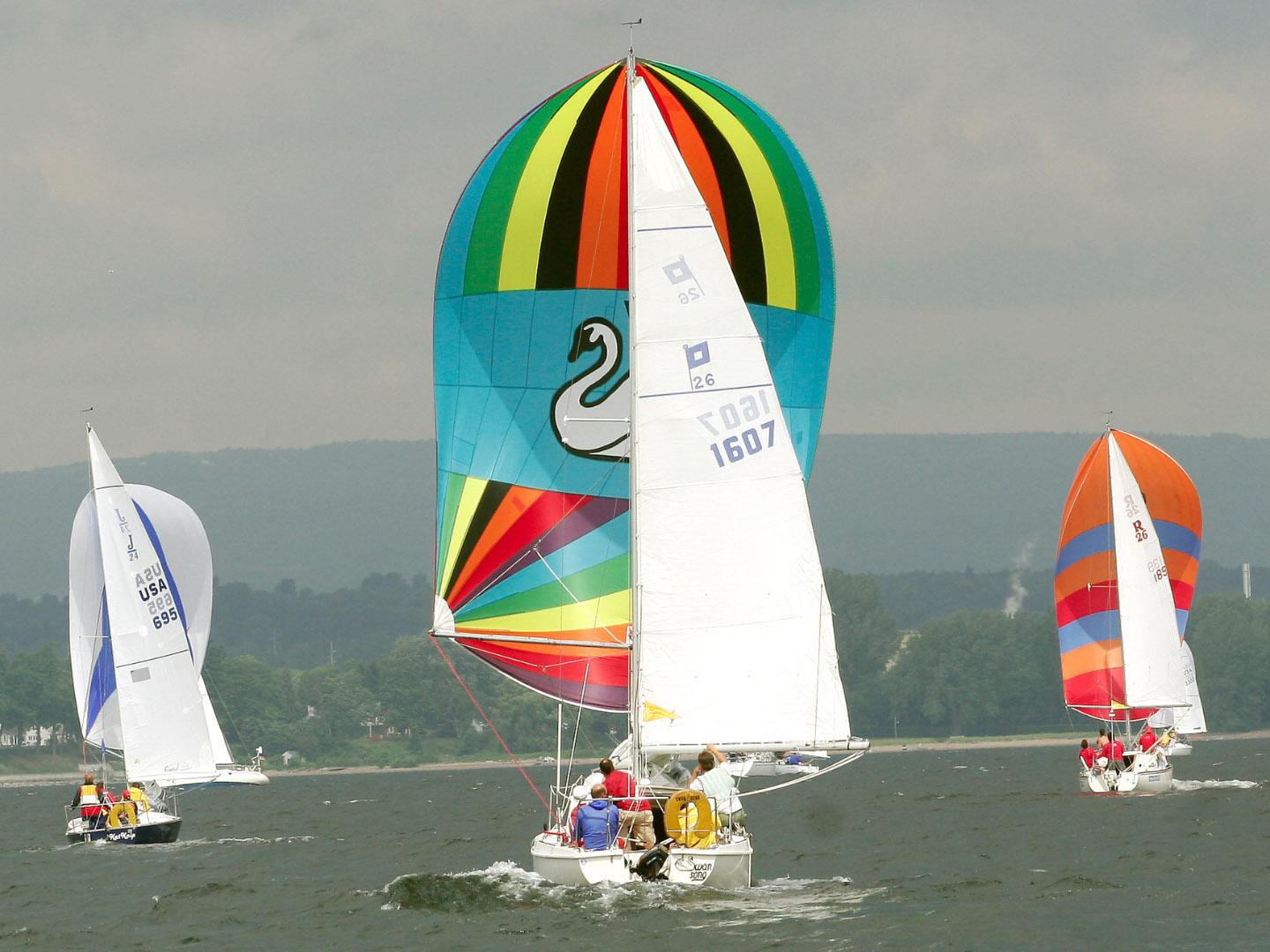 Sailboats compete in the Mayor’s Cup Festival and Regatta in Plattsburgh, New York
