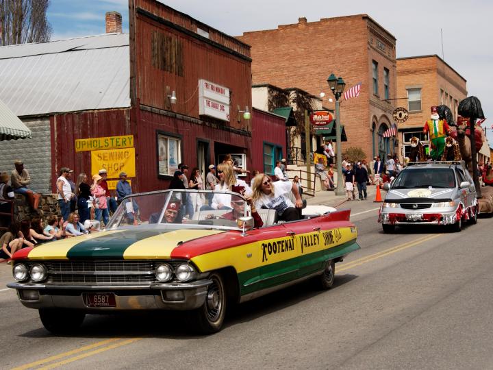 Cars parading through Eureka, Montana, during Rendezvous Days