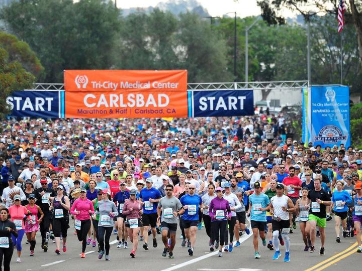 Runners participate in the Carlsbad Marathon in Carlsbad, California