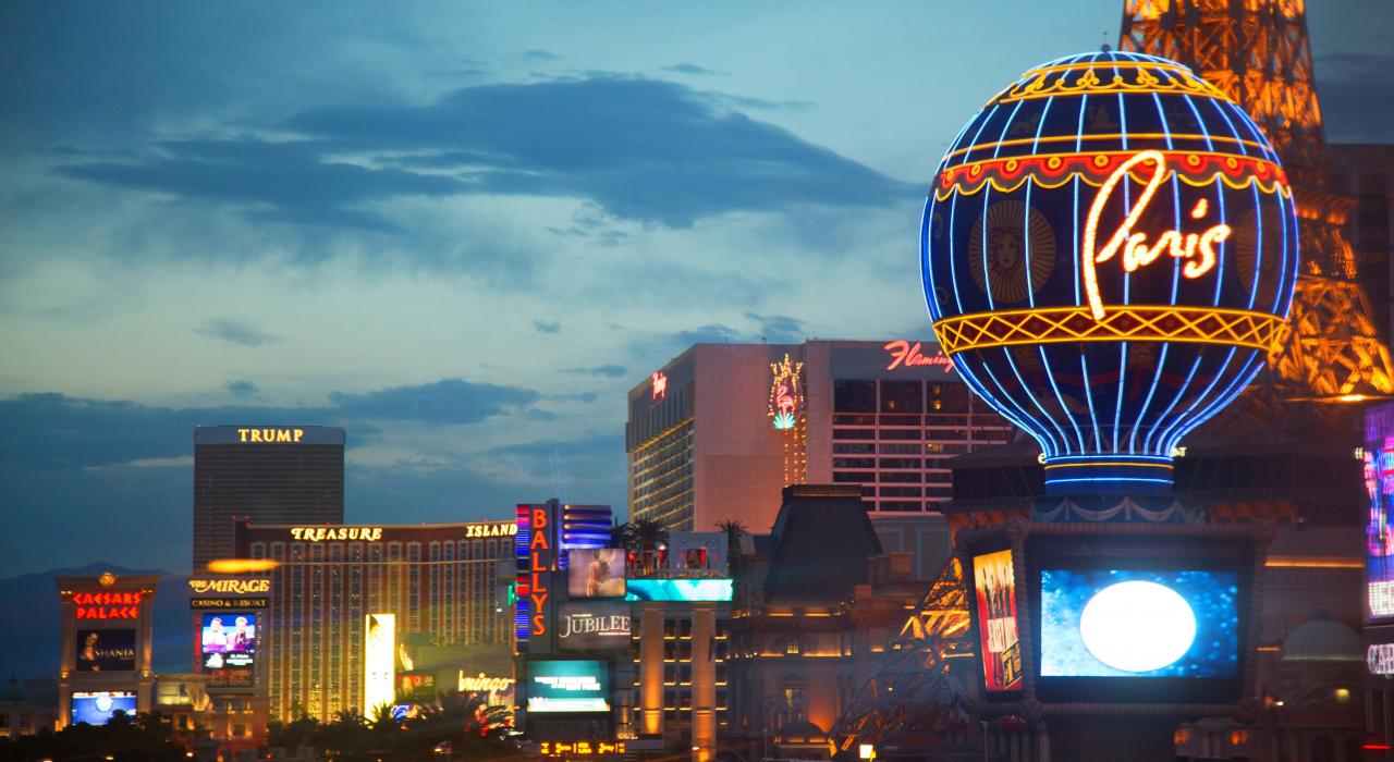 The Paris Hotel and Casino and the Las Vegas skyline in Nevada
