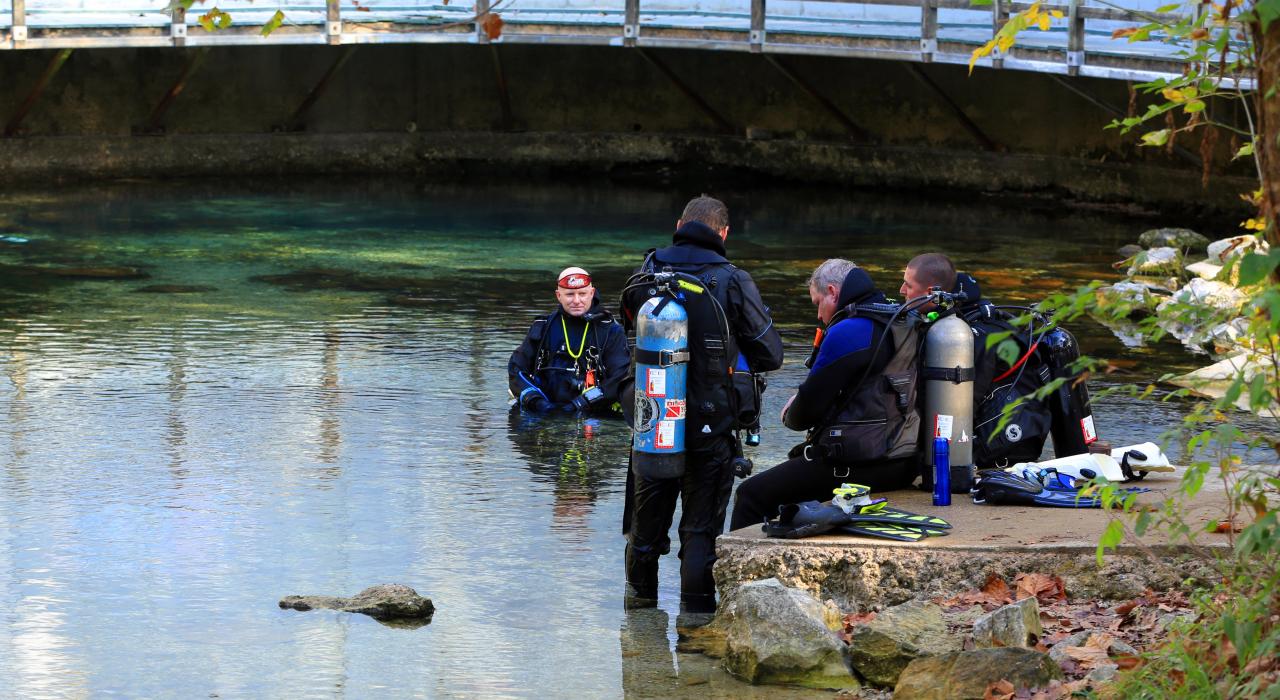 Preparing to cave dive at Roubidoux Spring