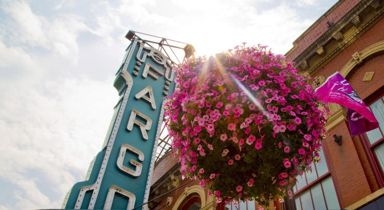 Looking up at the historic art deco theater downtown 