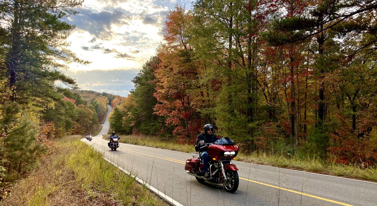 On a motorcycle trip in Alabama during the fall