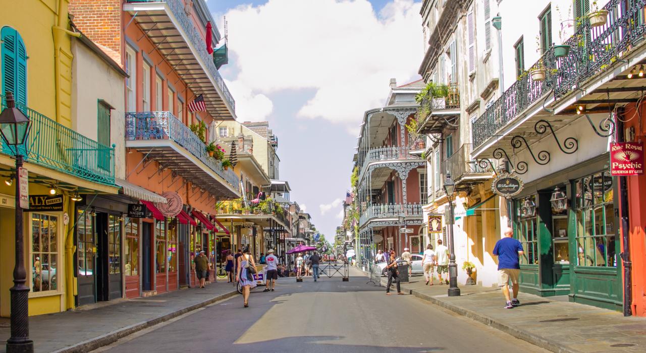 Colorful buildings lining Royal Street in New Orleans, Louisiana