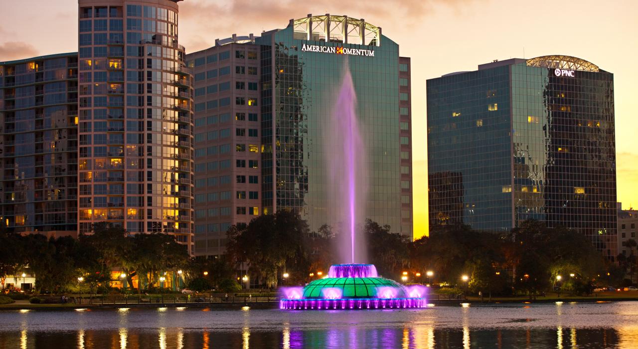 Illuminated fountain in Lake Eola in downtown Orlando, Florida