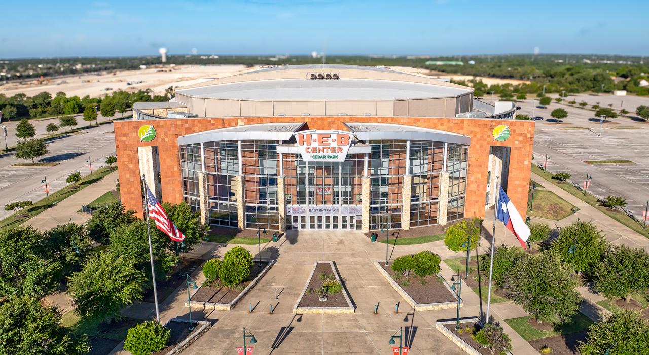 Aerial view of the 8,000-seat H-E-B Center, a popular venue for sports and live entertainment